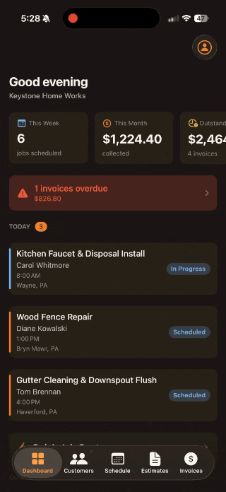 Dashboard showing today's jobs and marking a job complete