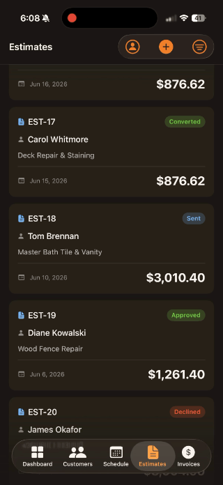 Full workflow from estimate to job to invoice