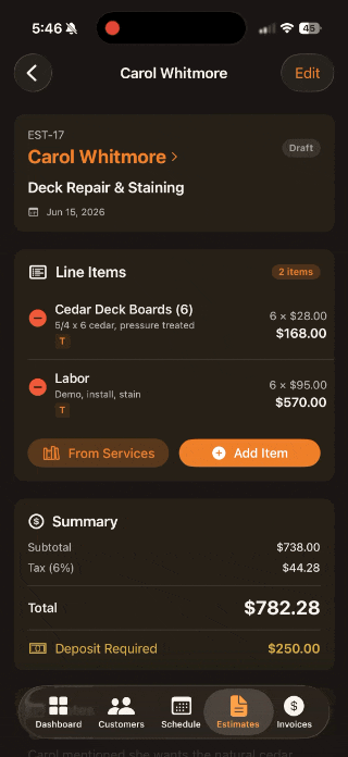 Converting an approved estimate to a job with one tap