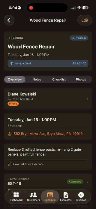 Inside a job — checklists, notes, and photos