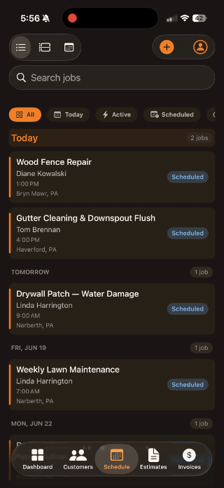 Schedule tab showing today's jobs sorted by time