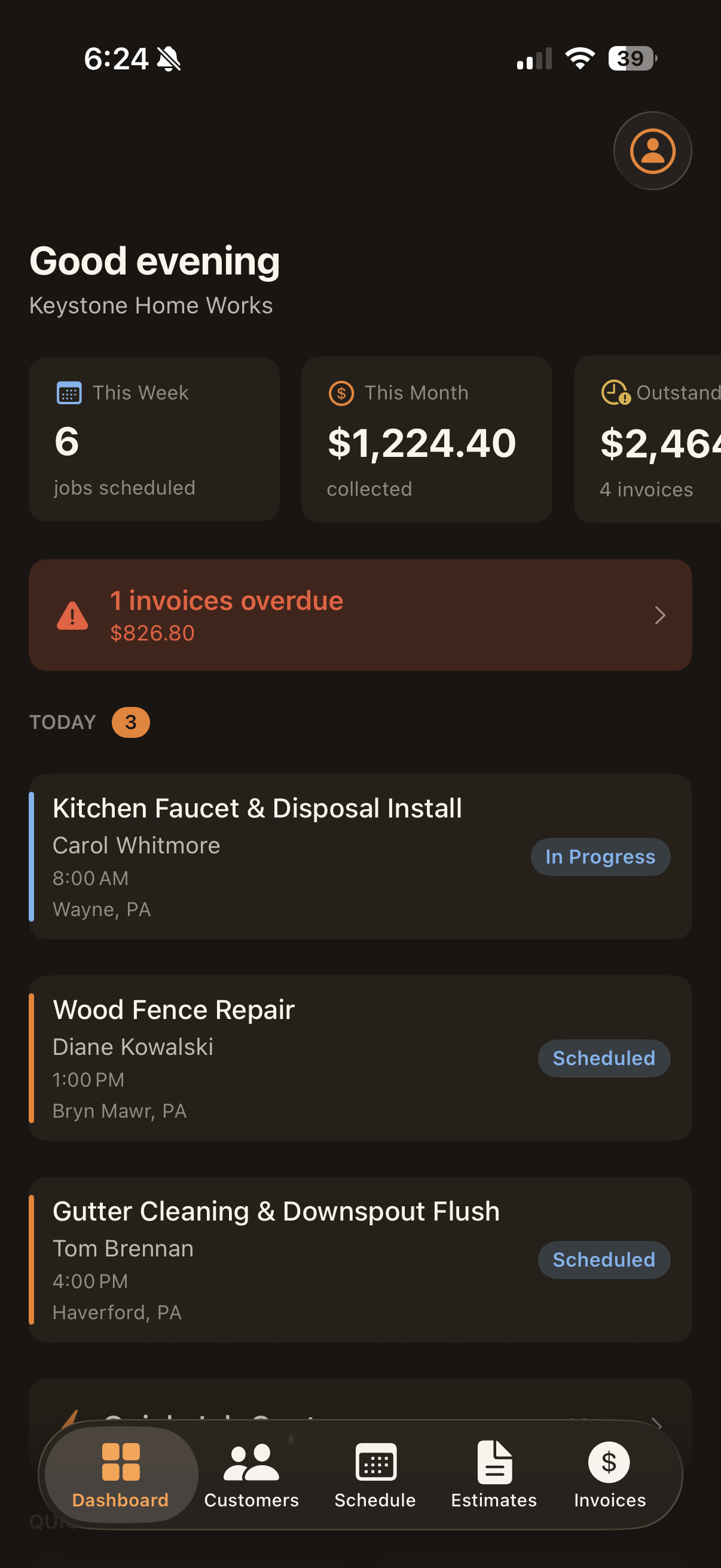 JobSlate app — dashboard showing today's jobs